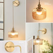 Battery Operated Wall Sconce with Amber Striped Shade Pattern Glass Adjustable Chain Retro Gold Wall Mounted Light, Modern Wall Decor for Bedside Bedroom Indoor Doorway， Set of 2