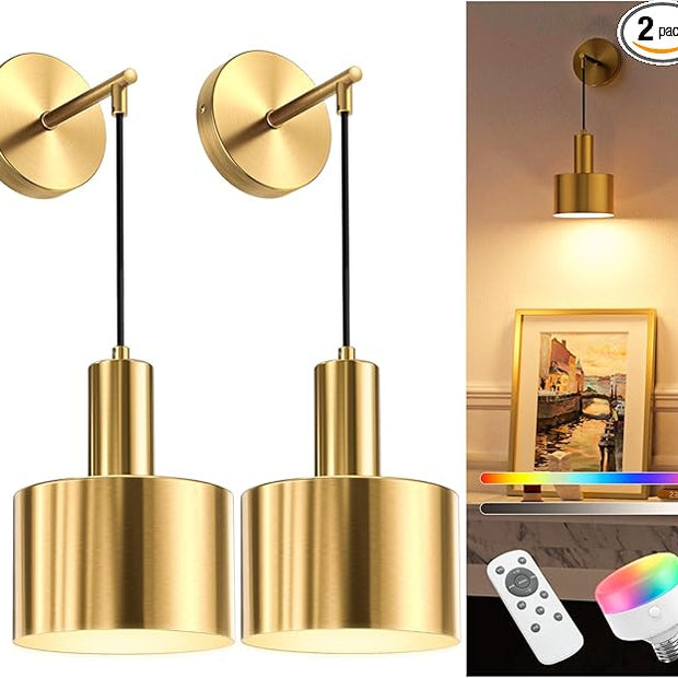 NIORSUN Battery Operated Wall Sconce Set of 2, Gold Wireless Rechargeable Wall Lights with 5200mAh Dimmable Detachable Bulbs and Remote, 9 Colors Sconces Wall Decor for Bedroom Living Room Hallway