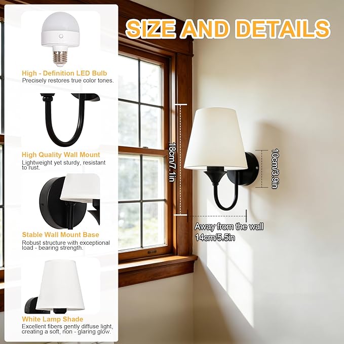 Battery Operated Wall Sconces Set of 2, Black 10000mAh Rechargeable Dimmable LED Bulb, 15 Colors & Remote, with Fabric for Bedroom Living Room Hallway Staircase Decor