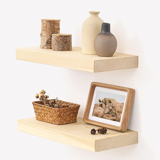 Marsmiles Natural Wood Floating Shelves | Unfinished Wood Wall Shelves Set of 2 | 16" W x 7.7" D x 1.6" H Natural Wooden Shelves for Bathroom Living Room Kitchen