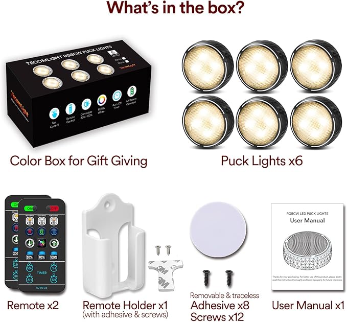 LED Puck Lights with Remote Control, Battery Operated Wireless Closet Light, Under Cabinet Lighting Stick on Tap Push Lights, Color Changing Under Counter Light for Kitchen, 6 Pack - Black