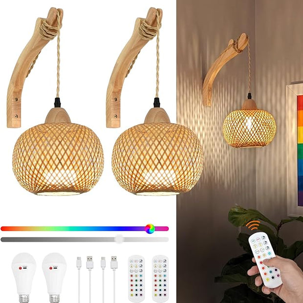 Frideko Boho Rechargeable Battery Operated Wall Sconces Set of Two with Remote, RGB 15 Colors Dimmable Wireless Wall Light, Bamboo Indoor Wall Lamp with 3 Timer, Rattan Wall Lighting for Bedroom