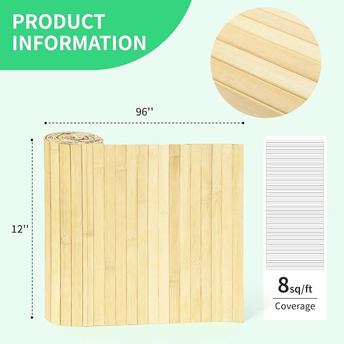 Natural Bamboo Wall Panel for Interior Wall Decor, Renewable Pole Wrap Wainscoting Paneling for Wall Ceiling Furniture Cabinet Office, 12 x 96 Inch, Raw