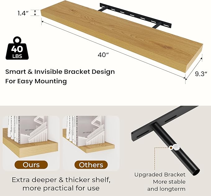 Dreamland 40 Inches Floating Shelves for Wall, 9.3 Inch Deep Floating Shelves Set of 2, Large Display & Storage Shelf, Wall Shelf for Bathroom Bedroom Living Room Kitchen Office,Oak