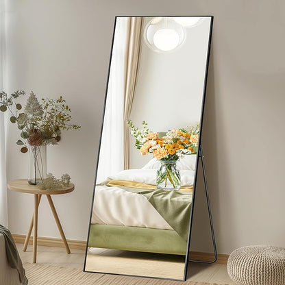DUMOS Full Length Mirror with Stand 58"x19" Floor Standing Aluminum Frame for Bedroom Body Hanging Leaning Modern Simple Home Decor Shatter-proorf Nano Glass Wall Living Room Cloakroom, Black