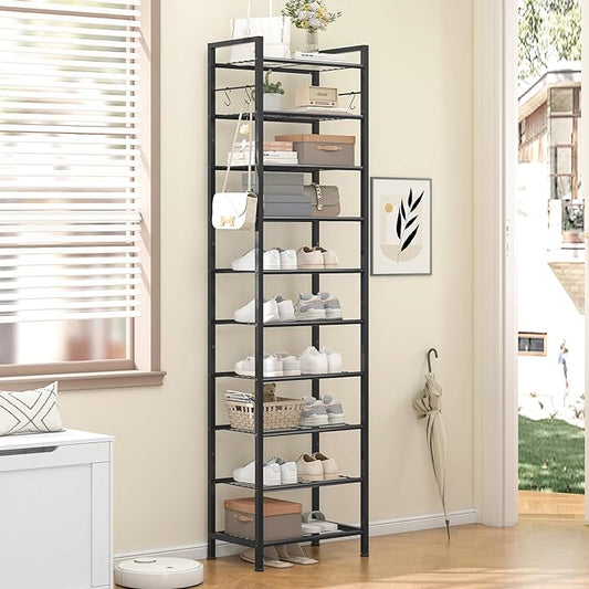 usikey 10 Tiers Narrow Shoe Rack 20-30 Pairs, Sturdy Metal Tall Shoe Rack Shelf with 4 Hooks, Slim Shoe Storage with Metal Shelf, Space Saving Vertical Shoe Organizer for Entryway Black UNYXJX018H