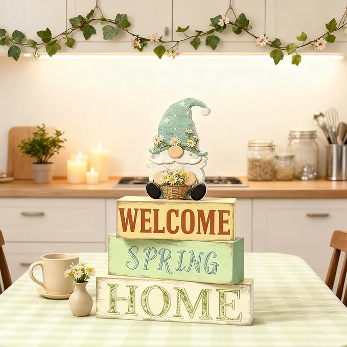 Spring Decoration Wooden Tiered Tray Decor – Rustic Welcome Spring Home Gnome Stacked Block Sign with Flower – Farmhouse Tabletop Spring Decor for Living Room Shelf Kitchen Coffee Bar Seasonal Home