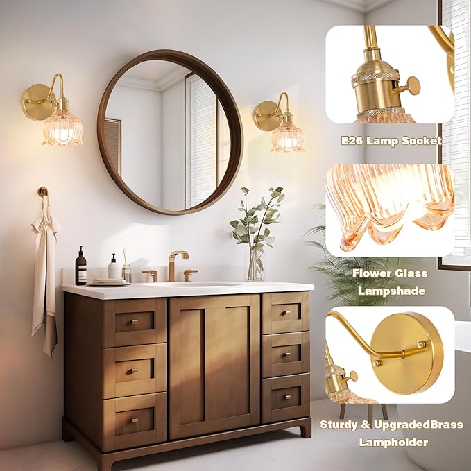 Vintage Battery Operated Wall Sconces Set of 2, Rechargeable Gold Wall Lamp with Remote Control, Amber Glass Lampshade Cordless Wall Sconce Fixtures for Bedroom, Living Room, Bedside