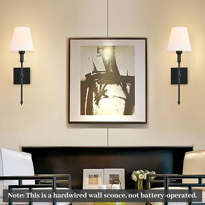 Bsmathom Wall Sconces Sets of 2, Rustic Industrial Wall Lamps, Hardwired Column Stand Sconces Wall Lighting, Bathroom Vanity Light Fixture with Fabric Shade for Bedroom Living Room Kitchen, Black