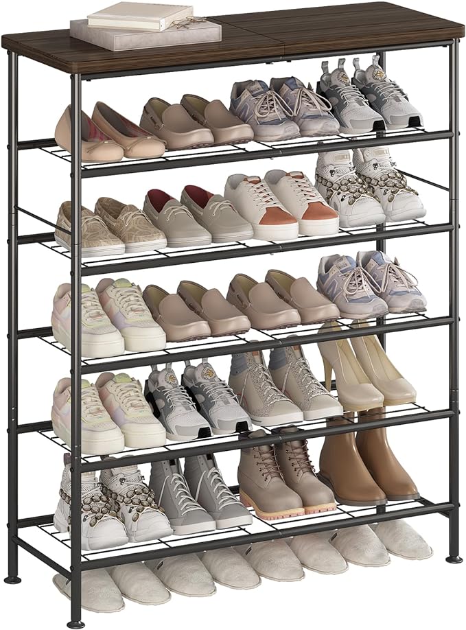 SUOERNUO Shoe Rack Organizer 6 Tier for Closet Entryway Free Standing Metal Storage Shoe Shelf with MDF Top Board，Black