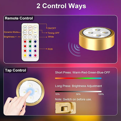 maylit 6 Pack RGBW Picture Lights for Wall, Rechargeable Battery Magnetic Poster Lights, Remote Dimmable Timer Painting Light, Wireless Wall Room Decor Light for Art Display, Frame, Gold