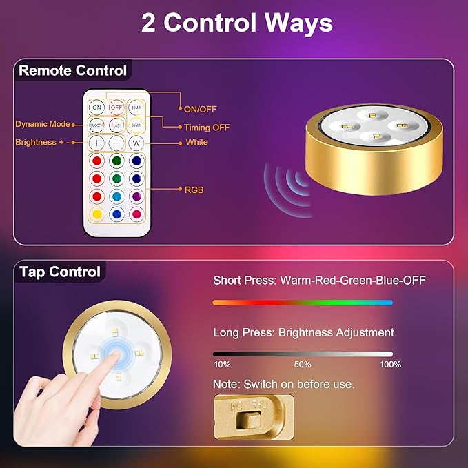 maylit 6 Pack RGBW Picture Lights for Wall, Rechargeable Battery Magnetic Poster Lights, Remote Dimmable Timer Painting Light, Wireless Wall Room Decor Light for Art Display, Frame, Gold