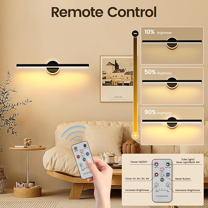 Wireless Picture Light, 16 inches Art Wall Light, Picture Light Battery Operated,Battery Operated Wall Lights,Gallery Light for Painting,Photo,Library (Matt Black)