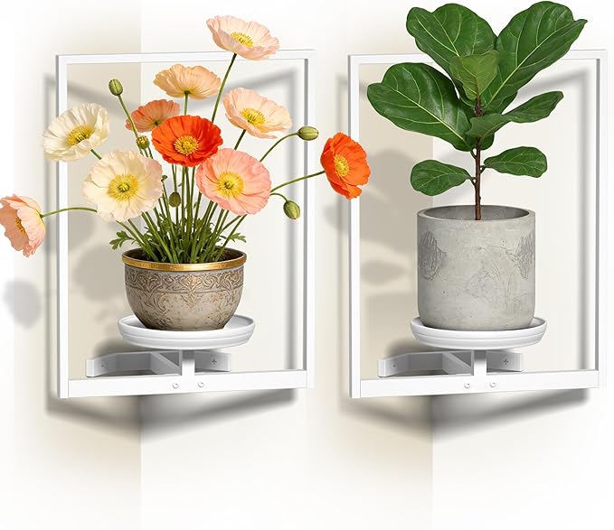 BXF Corner Wall Planters for Indoor Plants, 90 Degree Floating Shelves. Heavy Duty Mounted Holder, Minimalist Hanging Decor. Window Shelf Fits 4-7 Inch Pots (White, Frame 2 Pack)