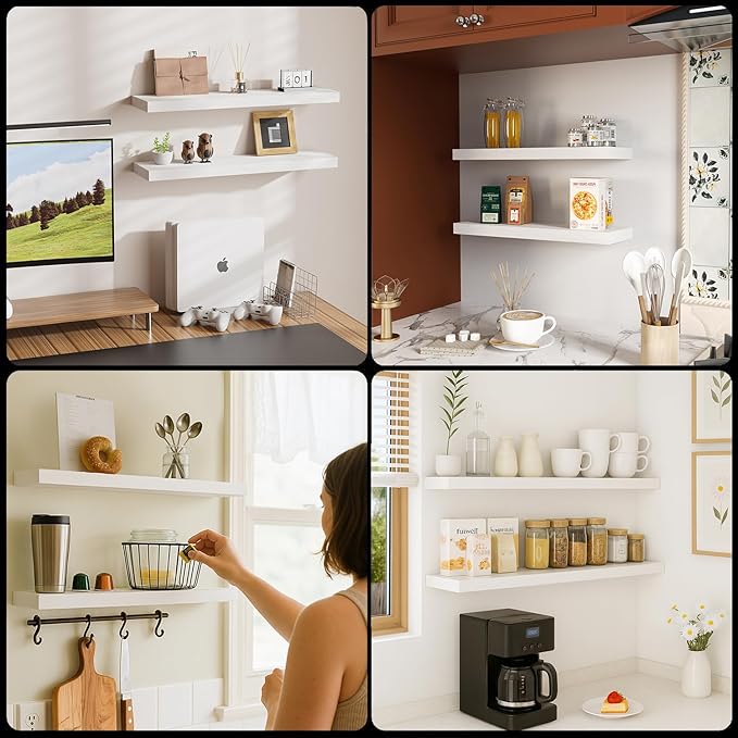 Floating Shelves for Wall, Bathroom Shelves Over Toilet, Wall Shelves & Book Shelf for Room, Hanging Shelf, Modern Wooden Mounted Floating Shelves, 24x7x1.5 in (White, Set of 2)