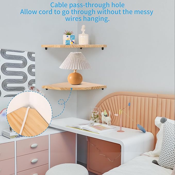 Wood Corner Wall Shelves Set of 2, Solid Wood Corner Floating Shelves, Round End Wall Mounted Floating Corner Shelf for Bedroom, Living Room and Kitchen (10 inch)