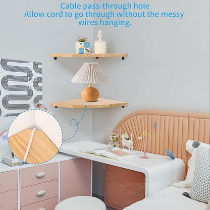 Wood Corner Wall Shelves Set of 2, Solid Wood Corner Floating Shelves, Round End Wall Mounted Floating Corner Shelf for Bedroom, Living Room and Kitchen (10 inch)