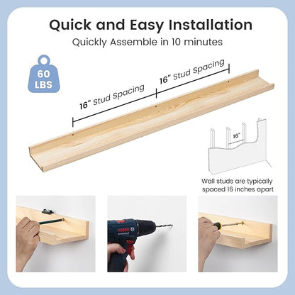 Picture Ledge Shelf for Wall, 48 inches Solid Pine Wood Nursery Book Shelves 3 Packs, Floating Ledge Shelves for Kids' Room Bedroom Bathroom Long Floating Shelves for Wall Nursey Wall Decor, Natural