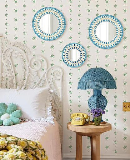 Handmade Mother of Pearl Mirror for Wall Decor, 3PCS Round Decorative Mirrors for Beach Nautical Home Hotel Coffee Shop, Natural Plate Art Hanging Sculpture for Dorm Apartment Entryway (Blue)