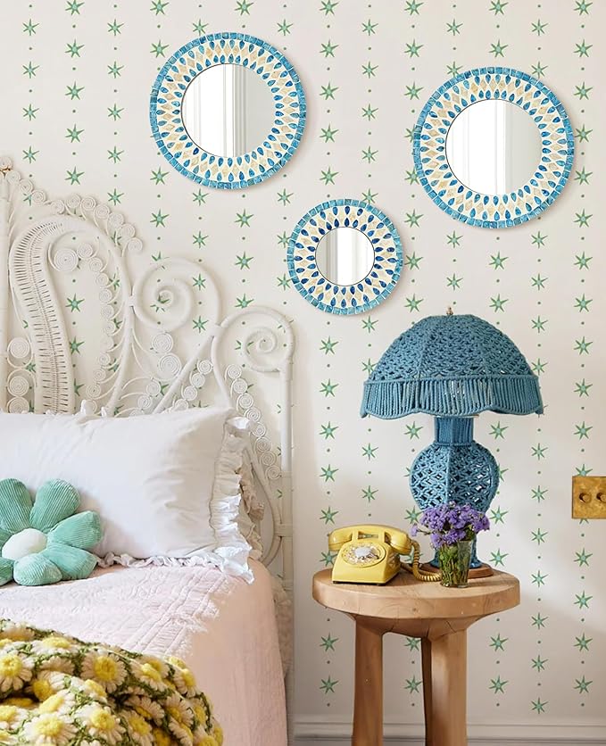 Handmade Mother of Pearl Mirror for Wall Decor, 3PCS Round Decorative Mirrors for Beach Nautical Home Hotel Coffee Shop, Natural Plate Art Hanging Sculpture for Dorm Apartment Entryway (Blue)