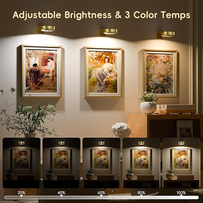 Picture Lights for Wall with Charge Station, 3 Pcs Rechargeable Magnetic Poster Lights with 3 Color Temperatures, Dimmable Timer Painting Wall Decor Light for Art Display, Frame (Gold)