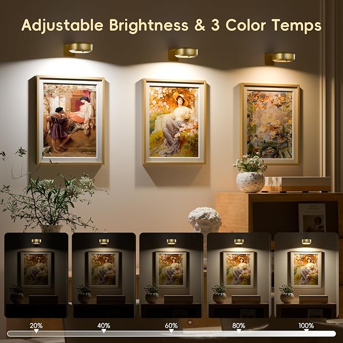 Picture Lights for Wall with Charge Station, 3 Pcs Rechargeable Magnetic Poster Lights with 3 Color Temperatures, Dimmable Timer Painting Wall Decor Light for Art Display, Frame (Gold)