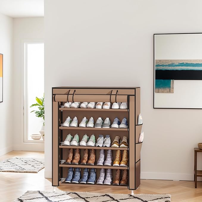 Laiensia 5-Tier Vertical Shoe Rack Organizer, Space Saving Shoe Storage Organizer, Non-Woven Cover Shoe Shelf Holds 20-25Pairs for Bedroom, Hallway, Closet Entryway, Brown