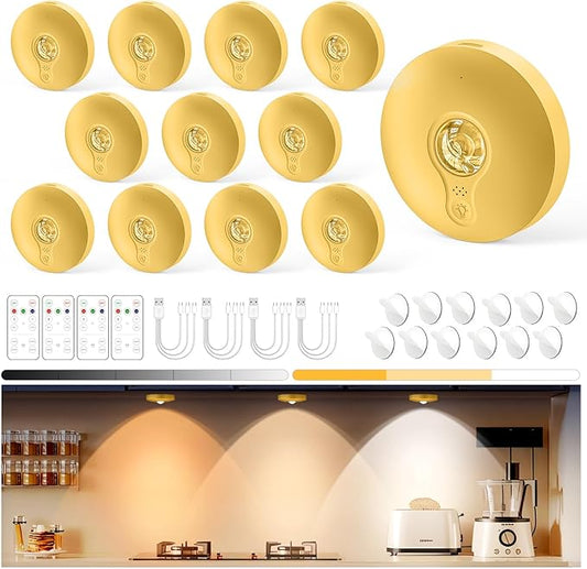 Yiliaw Rechargeable Puck Lights with Remote, 12 Pack Magnetic Under Cabinet Lighting, 1500mAh Battery Operated LED Tap Lights with Dimmer & Timmer for Kitchen, Closet, Shelf - 3 Color Temps, Gold