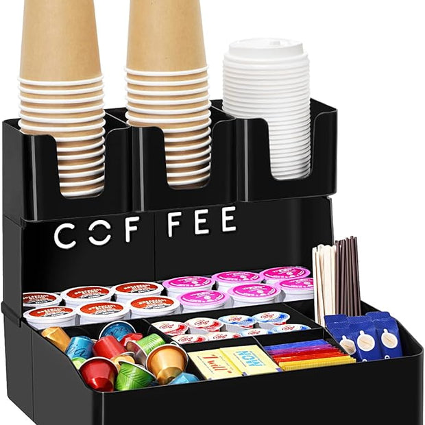 Lifewit 2-tier Coffee Station Organizer Caddy for Countertop, 10 Compartments Coffee Bar Organizers for Cups, Pods, Sugar, Compact Condiment Holders Storage for Office Breakroom Kitchen Home Black