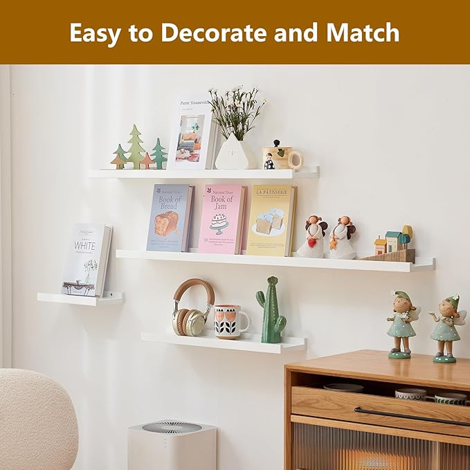 Oak Floating Shelves White for Wall 24 Inch (Upgrade Width 6"), Natural Wood Wall Shelves Display Picture Ledge Shelf for Living Room Bedroom Bathroom Kitchen Office Decor and Storage