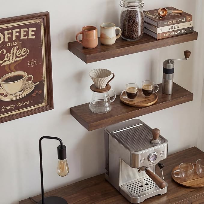 INHABIT UNION Walnut Floating Shelves for Wall, 24 in Wall Mounted Shelves Perfect for Bedroom, Bathroom, Living Room and Kitchen Decoration Storage（Set of 2）