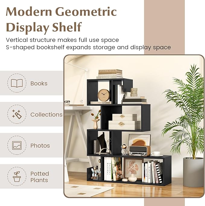Giantex 5-Tier S-Shaped Bookshelf, Geometric Bookcase w/Open Cubes, Modern Decorative Display Shelf w/Anti-Toppling Kits, Freestanding Storage Rack for Living Room, Study, Home, Office, Black