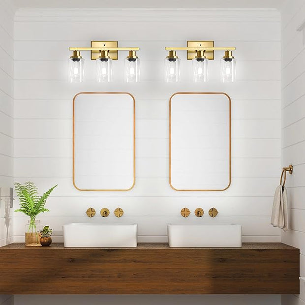 Ascher Bathroom Vanity Light Fixtures, 3 Light Wall Sconces Lighting with Clear Glass Shade, Gold Wall Lights for Mirror, Kitchen, Living Room, Gallery, E26 Base (Bulbs Not Included)