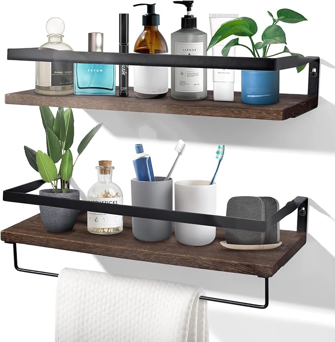 Uten Floating Shelves, Wall Shelves Set of 2, Wall Mounted for Bathroom, Bedroom, Kitchen, Bathroom Shelf with Towel Bar, Sturdy Structure, Easy Installation