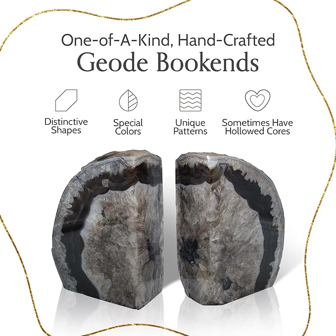 Nature's Decorations A Quality Black Agate Geode Bookends - Heavy Duty with Non-Skid Rubber Bumpers for Shelves, Office, Home Decor - Cool Crystal Stone (1 Pair 4-6 LB)