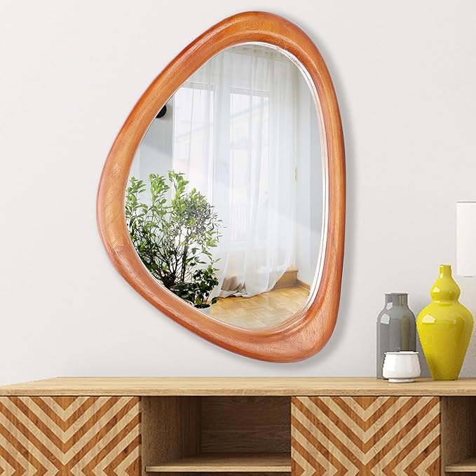 MAGFLERUM Irregular Wall Mirror, 30 * 20 inch Asymmetrical Wood Mirrors, Entryway Mirror, Hanging Vertically and Horizontally. Mirrors for Wall Decor (Red Walnut)