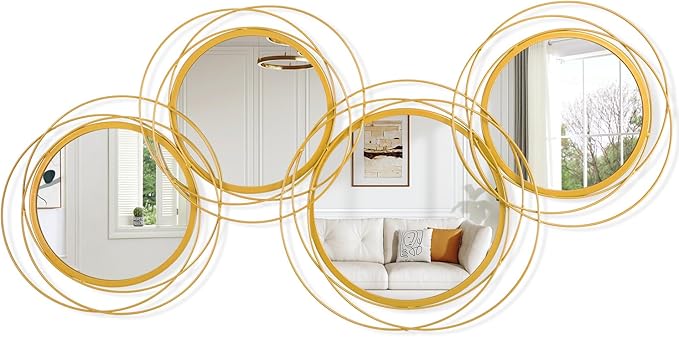 Golden Circle Mirror Set, 4 PCS Wall Metal Framed Round Mirror Modern Glass Decorative Mirrors 20x40 Inch for Living Room Bedroom Bathroom Entryway Home Decor