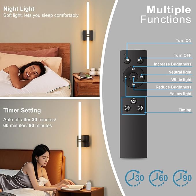 Battery Operated Wall Sconce 1Pack, Black Rechargeable Wall Lights with Dimmable Remote Control, 30 Inch 3000K-6000K LED Wireless Wall Lamps for Bedroom, Hallway, Background Wall