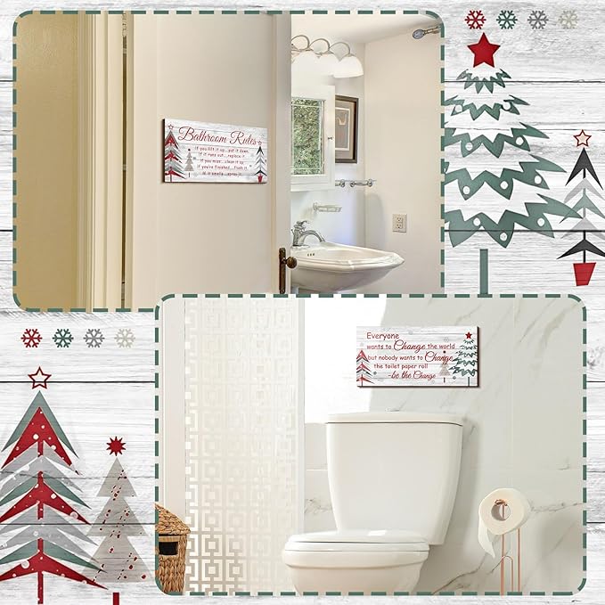 Jetec 2 Pieces Funny Bathroom Signs Bathroom Wall Decor Toilet Wall Accessories Farmhouse Toilet Rustic Wooden Signs, 12x6 Inch(Christmas Style)