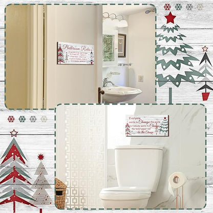 Jetec 2 Pieces Funny Bathroom Signs Bathroom Wall Decor Toilet Wall Accessories Farmhouse Toilet Rustic Wooden Signs, 12x6 Inch(Christmas Style)