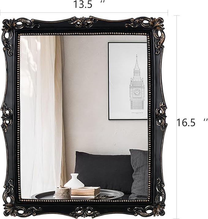 Funerom Vintage Decorative Mirror, Wall Mounted & Tabletop Makeup Mirror ，Square (Black, 16.5 x 13.5 inch)