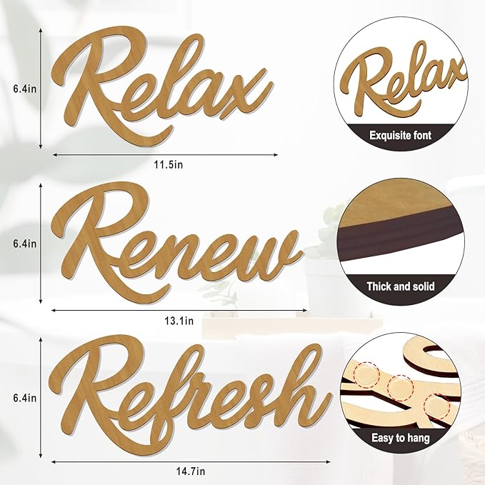 3 Pieces Bathroom Decor Rustic Bathroom Wall Art Wooden Bathroom Sign,Relax Renew Refresh Sign (Brown large)