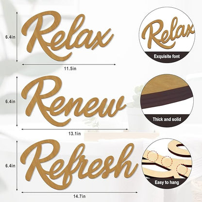 3 Pieces Bathroom Decor Rustic Bathroom Wall Art Wooden Bathroom Sign,Relax Renew Refresh Sign (Brown large)
