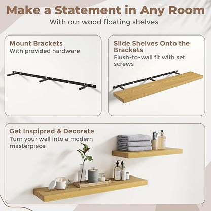 48 Inch Floating Shelves for Wall Set of 2, 8"D Wood Grain Bathroom Shelves with Invisible Brackets, Easy Install Engineered Wood Storage Shelves for Kitchen, Living Room, Bedroom, Oak Finish