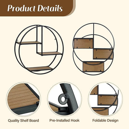 Industrial Style Round Wall Shelves - 3 Tier Metal Hanging Circle Floating Shelves for Bathroom Living Room Wall Decor, 21 Inch