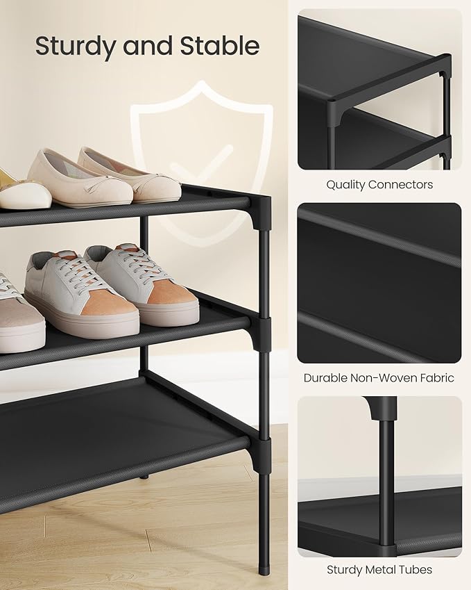 SONGMICS Shoe Rack, 2-Tier Shoe Storage Organizer, Space-Saving, 11.7 x 24.5 x 12.2 Inches, Entryway, Metal Frame, Non-Woven Fabric Shelves, Ink Black ULSH022BH01