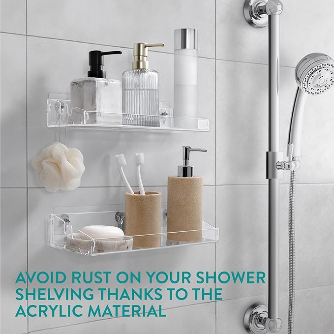 Navaris Clear Acrylic Shower Shelves (Set of 2) - Stick On or Screw Mount Adhesive Shelves for Bathroom - No Drilling or Nails Thin Plastic Wall Shelf