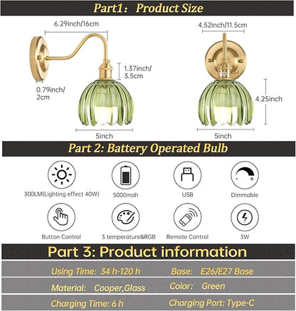 Vintage Battery Operated Wall Sconce Set of 2, 5000mAh Rechargeable Wall Light, Indoor Battery Powered Wall Lamp for Bedside Bedroom Living Room, Tulip Green