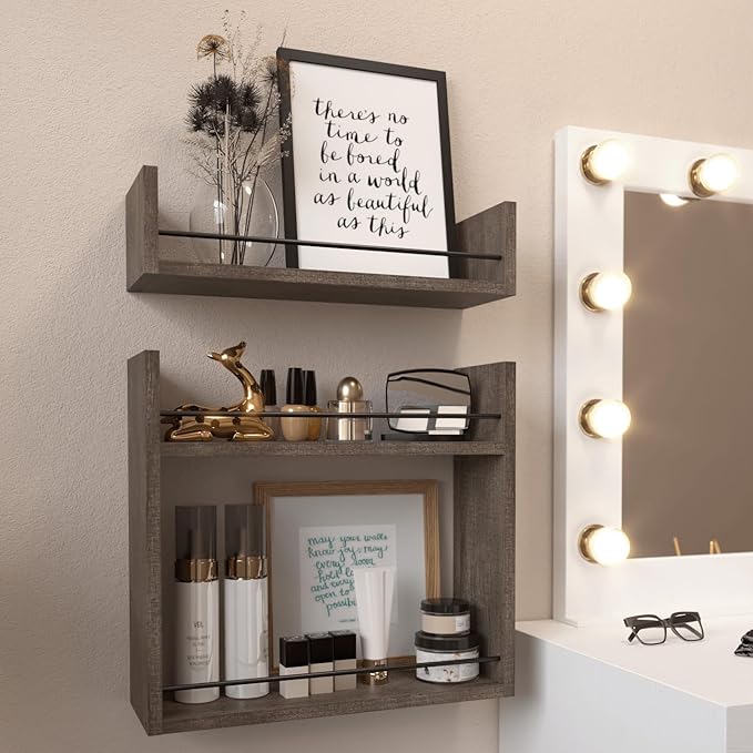 RICHER HOUSE Floating Shelves, Wall Shelves Above Toilet Wall Storage, Wall Mounted Bathroom Shelves with Towel Bar, Shelves for Bedroom, Kitchen, Vanity Shelves Room Decor Wall Cabinet - Brown