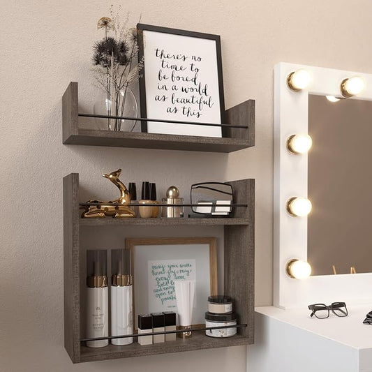 RICHER HOUSE Floating Shelves, Wall Shelves Above Toilet Wall Storage, Wall Mounted Bathroom Shelves with Towel Bar, Shelves for Bedroom, Kitchen, Vanity Shelves Room Decor Wall Cabinet - Brown